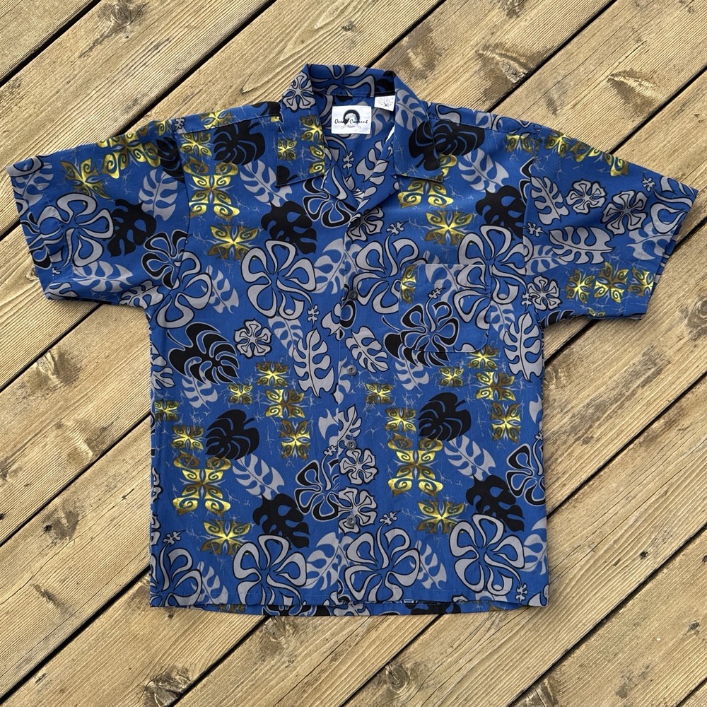 Boys Hawaiian Aloha Shirt Kids Large Blue Floral Tropical Button Up Surf